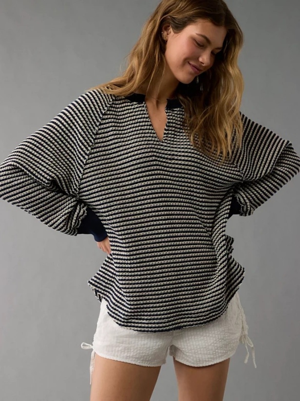 American Eagle Outfitters Black & White Striped Polo Knit Sweater